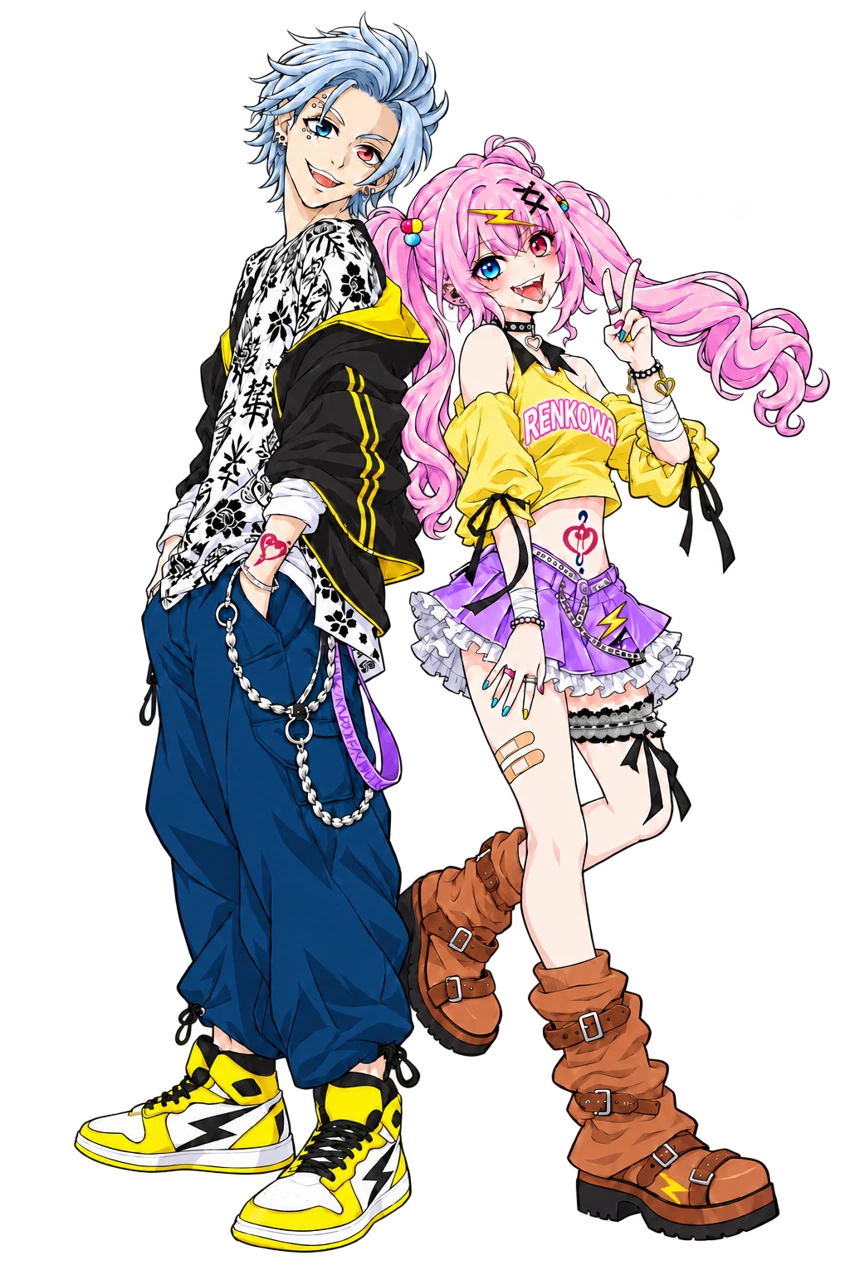銀青色の髪とピンク色の髪のレンコワキャラクターが背中合わせに立つイラスト